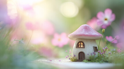 Mushroom house photography: whimsical fairy garden cottage with flowers and fantasy home decor for children