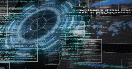 Grid interface opening code scrolling while circular dashboard rotating pulsing showing live feed - Powered by Adobe