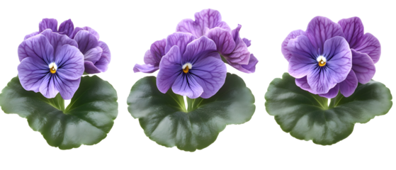 Three African Violet Blooms Displaying Purple Petals and Green Leaves on Transparent Background
