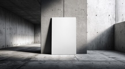 A blank canvas stands in a minimalist, raw concrete interior space, bathed in sunlight streaming through unseen windows, creating dramatic shadows and highlighting the texture of the walls and floor