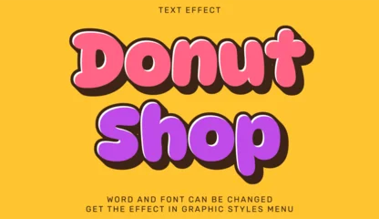 Fotobehang Positive Typography Colorful donut shop text effect with fun cartoon typography on yellow background  © hyperbleh