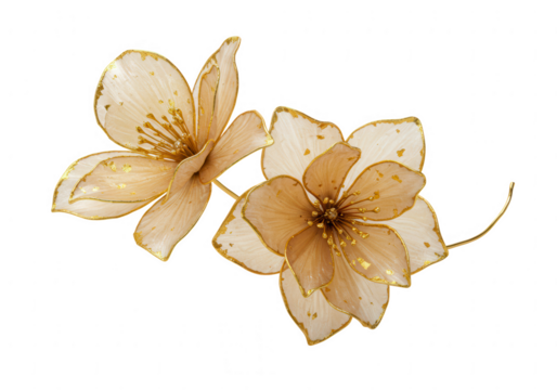 Elegant golden edged translucent flowers with gold leaf accents isolated on transparent background - Powered by Adobe