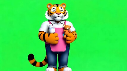 Adorable 3D Rendered Tiger Babysitter Holding Baby Bottle and Teddy Bear on Green Screen