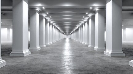 A long, straight corridor with numerous white columns on either side, receding into a bright light source at the far end, features a gray concrete floor