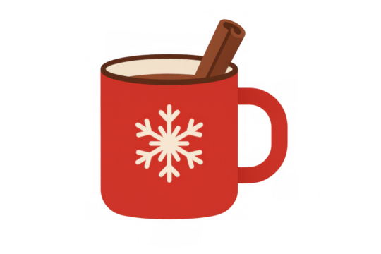 Red christmas mug containing hot chocolate with a cinnamon stick and decorated with white snowflake on a transparent background