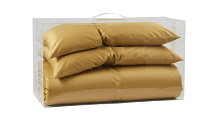 Obraz premium Mustard-colored bedding set in clear plastic box