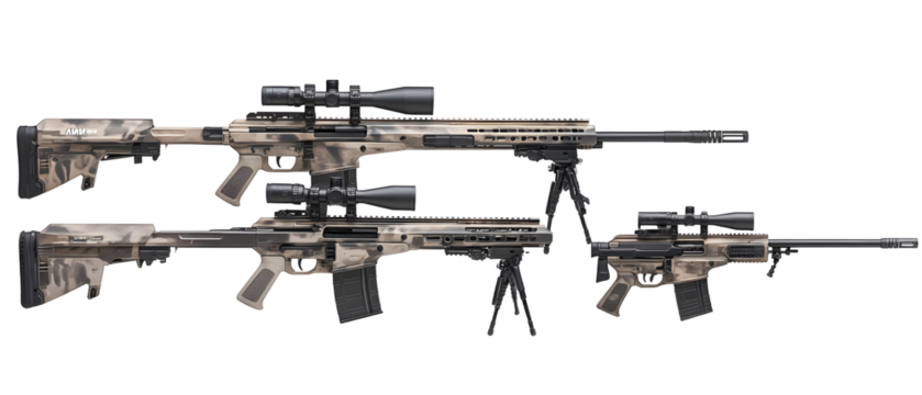 Three Rifles Displayed In Varying Sizes Against Transparent Background Depicting Military Weaponry Details And Camouflage Texture