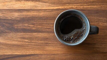 Top-down view of black coffee in ceramic mug on wooden table.
