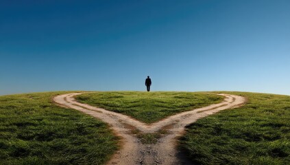 Fototapeta premium Solitary figure at a crossroads on a grassy hill under a clear blue sky