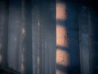 Sunlight on Tree Trunk in a Mystical Forest with Dense Fog