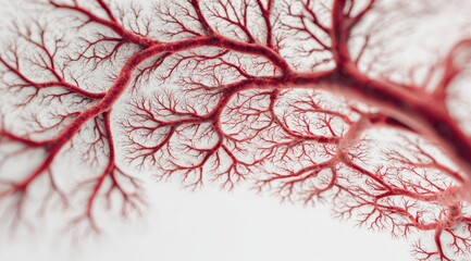 Intricate red network resembling branching veins or capillaries against a bright, blurred background.  The image showcases a detailed, almost fractal-like structure