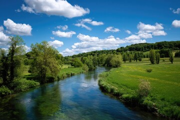 Serene river meanders through lush green valley under a vibrant blue sky dotted with fluffy white clouds