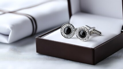 Elegant black onyx cufflinks in a gift box.