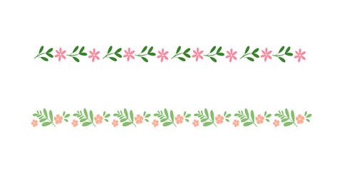 Floral Border Vector Set with Pink and Orange Flowers and Green Leaves &ndash; Decorative Divider Design
