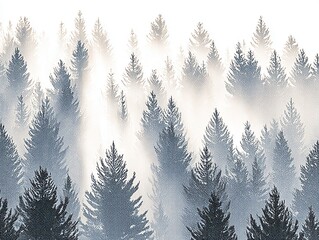 Misty Evergreen Forest Silhouette with Texture against a Light White Background