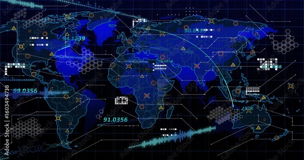 Poster When loading deep-blue digital world map, displaying labels arcs grids bars visualizing global data