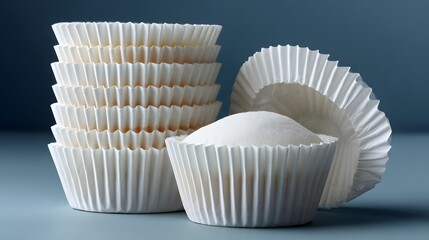 Stacked white paper cupcake liners against a muted backdrop.