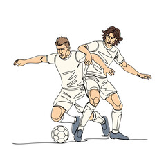 Fototapeta premium Two men soccer players in action fighting for ball. Football match concept. Vector illustration in one continuous line art style for sport design