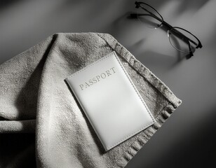 Monochrome travel essentials flat lay featuring luxury passport holder in premium leather texture on woven fabric background with vintage eyeglasses - minimalist black and white lifestyle photography
