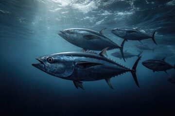 Fototapeta premium A school of tuna swims in deep, dark blue ocean water, sunlight filtering from above