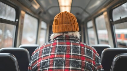 Senior Man in Plaid Shirt and Yellow Beanie on Snowy Day Bus