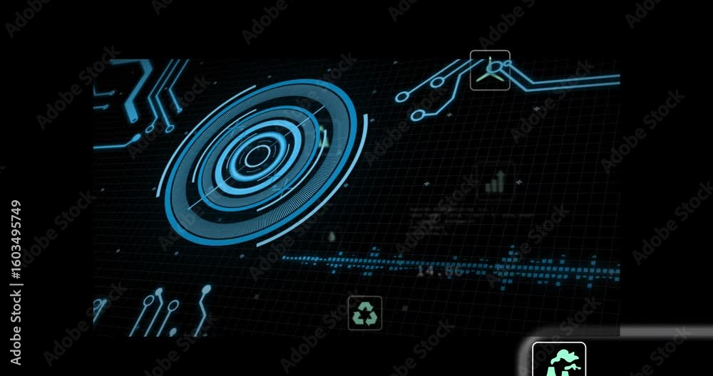 Poster on power-up rotating concentric circle spawning icons and streaming data to visualize eco metrics
