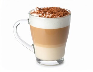 Foamy coffee cappuccino with wiped milk and coco powder on top, in double glass mug isolated on white background