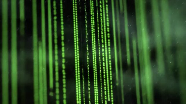 A cascade of green binary code streams down in a dark, ethereal setting, creating a mysterious ambiance that reflects technology and the complexities of the digital world.