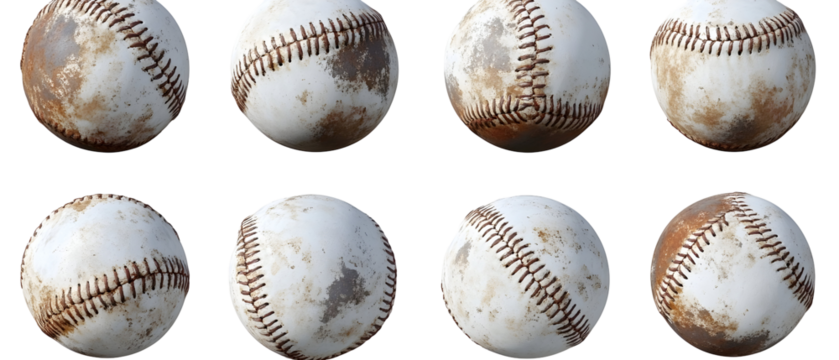 Multiple Baseball Balls Showing Texture and Detail with Stitched Seams on Transparent Background