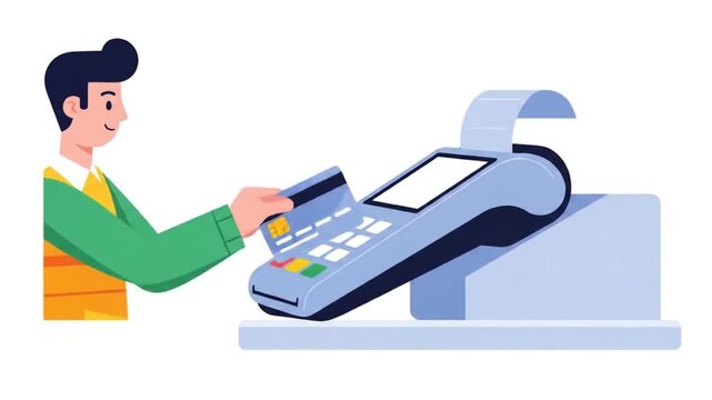 Animated man swipes credit card at POS terminal for payment transaction video