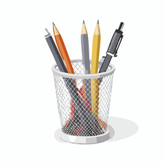 Pencil holder with pens &ndash; Mesh cup packed with writing tools.
