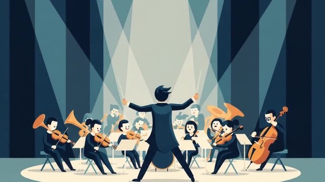 Animated Orchestra Performance: Conductor Leads Musicians in Concert Hall with Spotlight