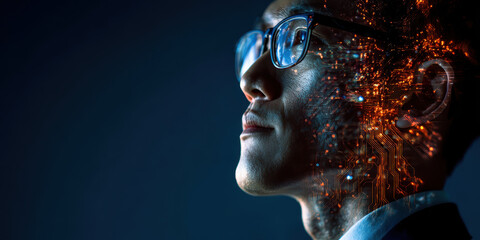 A futuristic portrait of a person with digital elements merging with his face, looking thoughtful and forward
