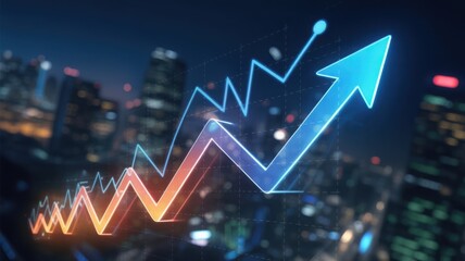 Financial Growth Chart Ascending Over a Modern Cityscape at Night