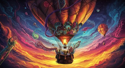 Psychedelic hot air balloon floats in vibrant sky