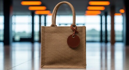 A brown jute tote bag with a leather tag hangs from its handle, ready for shopping