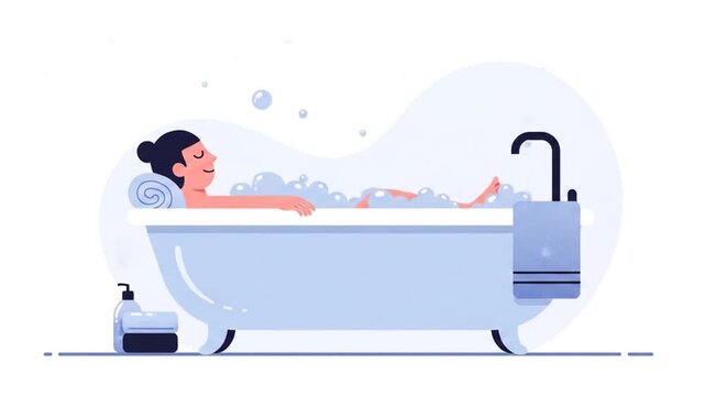 Animated Woman Relaxing in a Bubble Bath: Serene Self-Care Routine