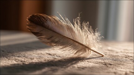 Delicate feather upright on soft textured surface.