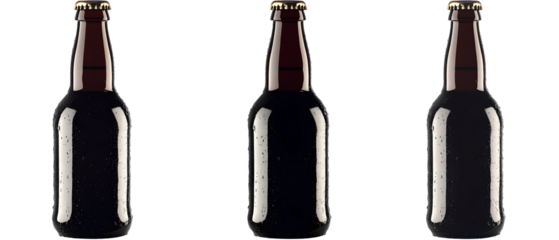 Three Beer Bottles In A Row Against Transparent Background Featuring Brown Glass Bottles With Gold Caps