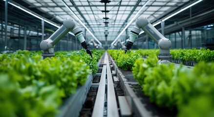 A scene where a robotic arm is tending to plants growing in a greenhouse, used for the concept of future smart agriculture and promotional materials of agricultural technology companies, among others.