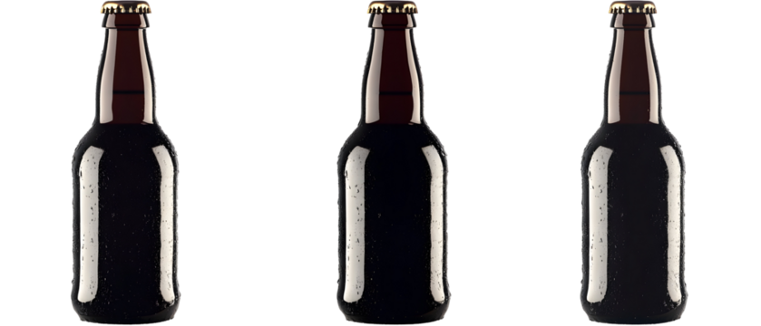 Three Beer Bottles In A Row Against Transparent Background Featuring Brown Glass Bottles With Gold Caps