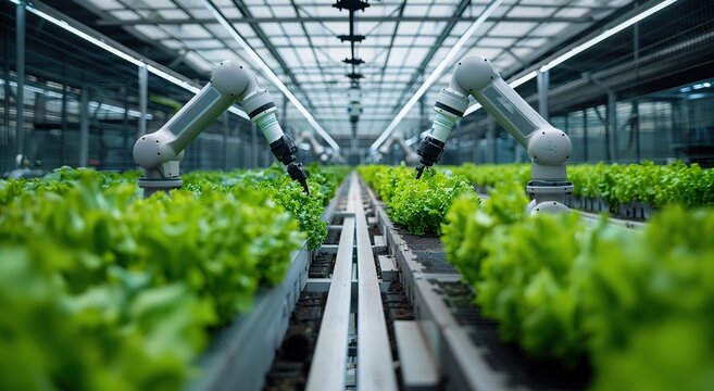 A scene where a robotic arm is tending to plants growing in a greenhouse, used for the concept of future smart agriculture and promotional materials of agricultural technology companies, among others. - Powered by Adobe