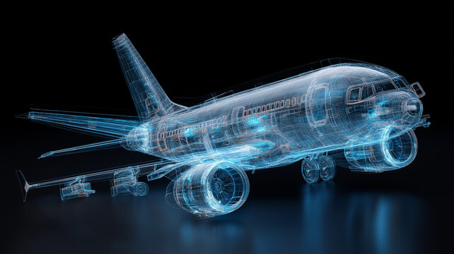 3D rendering of airplane with holographic projection, showcasing intricate details and futuristic design against dark background. image conveys innovation and technology