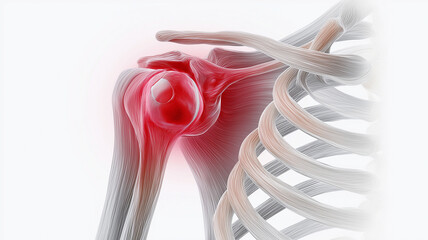 Anatomical illustration of shoulder bursitis highlighting inflammation in joint area, with focus on skeletal structure and affected tissues