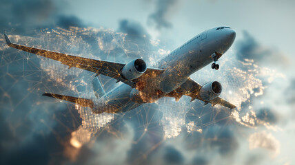 Cargo plane soars through digital world map, symbolizing global connectivity and logistics. double exposure effect highlights integration of technology in modern transportation