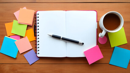 Workspace flat lay with a blank notebook for brainstorming, a pen, a coffee cup, and colorful sticky notes on a wooden table.