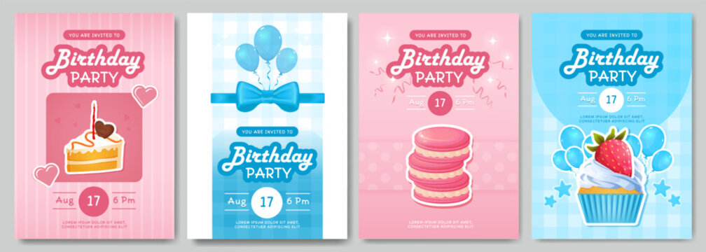 Set of colorful birthday party invitation cards with desserts like cake, macaron, and cupcake, in flat cartoon style on patterned backgrounds. Vector illustrations set