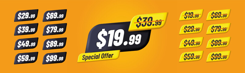 Set of bold discount price tags with various dollar values, modern graphic style, on gradient orange background. Concept of sales promotion. Vector illustration
