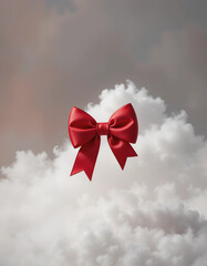Red satin bow floating on soft clouds against a dreamy background