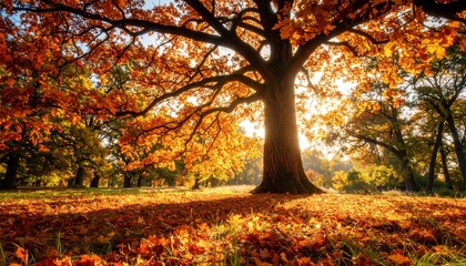 Autumnal forest scene with sunlit oak tree